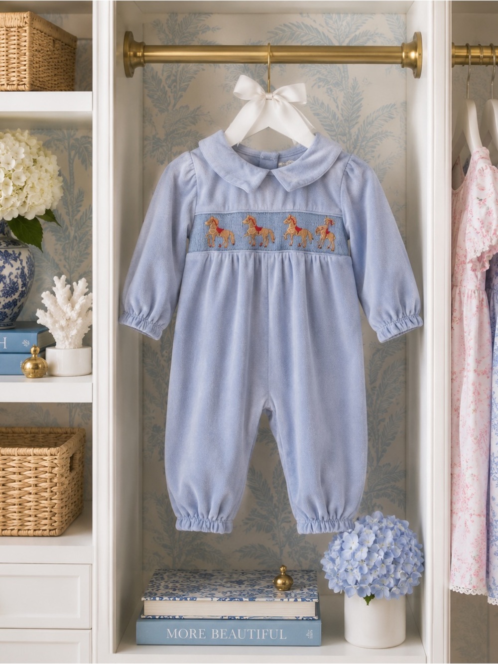 Bailey Boys 6 mos blue rocking horse Blue Smocked play suit great condition